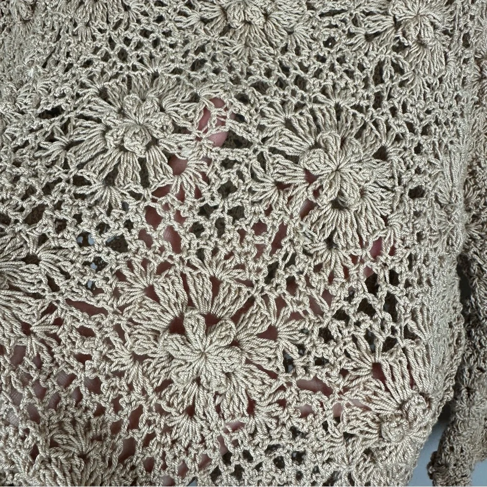 Handmade Crochet Knit Floral Sweater Top – Beige Boho Open Knit – Fits Like M